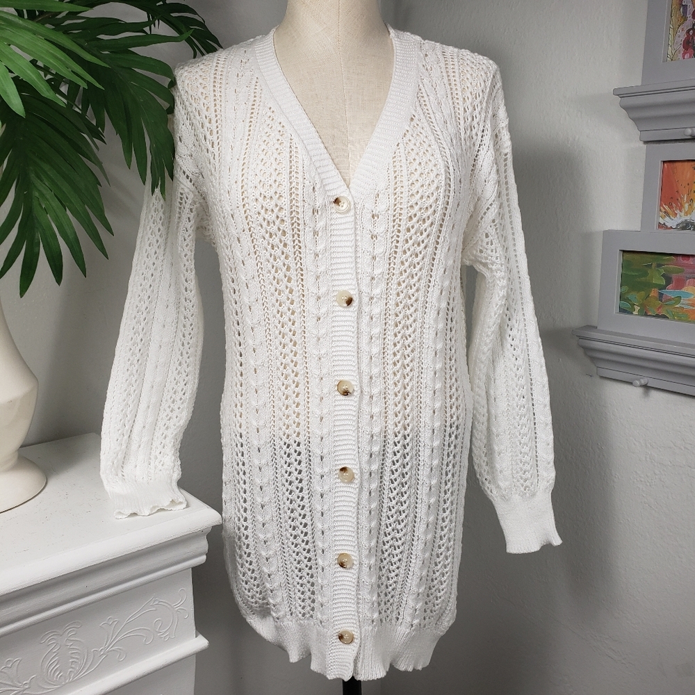 Long White Crochet Cardigan  Coastal Grandma Preppy Coquette Classic Timeless M